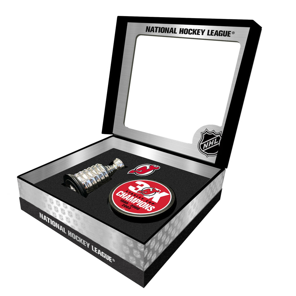 New Jersey Devils Stanley Cup Champs Puck + Replica Cup Gift Box Set