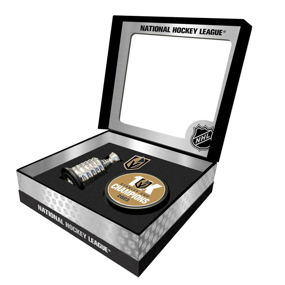 Vegas Golden Knights Stanley Cup Champs Puck + Replica Cup Gift Box Set