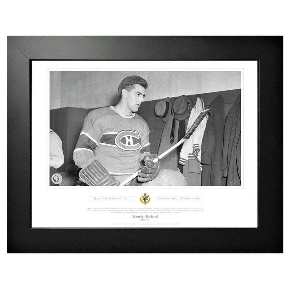 Montreal Canadiens Memorabilia - 1961 Maurice "Rocket" Richard Stick Inspection x Black & White Classic - 12" x 16" Frame
